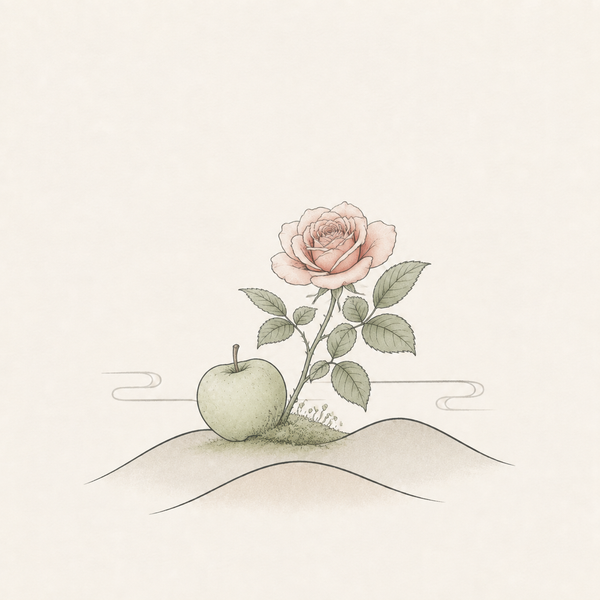 Illustration of green apple, garden rose and soft moss