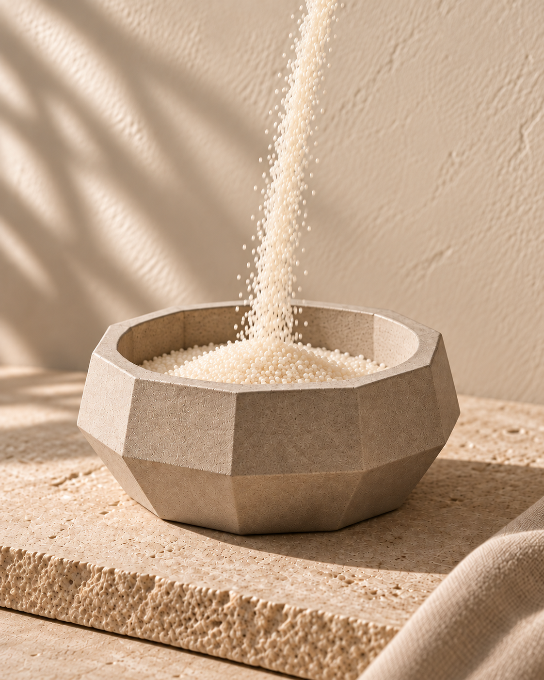 Sand wax flowing into the Facet vessel; AI-generated refill concept.