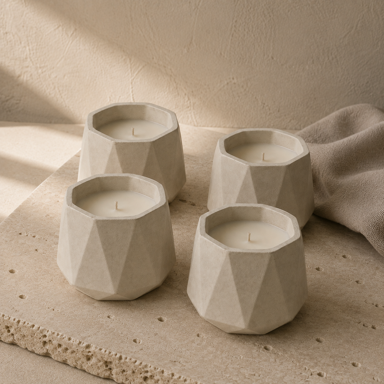 Four 120 g cotton-wick candles in matching cream concrete vessels, arranged on limestone. AI-assisted product visual.